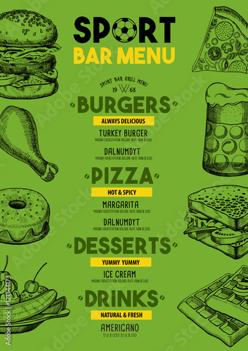 Menu sport bar restaurant, food template placemat.