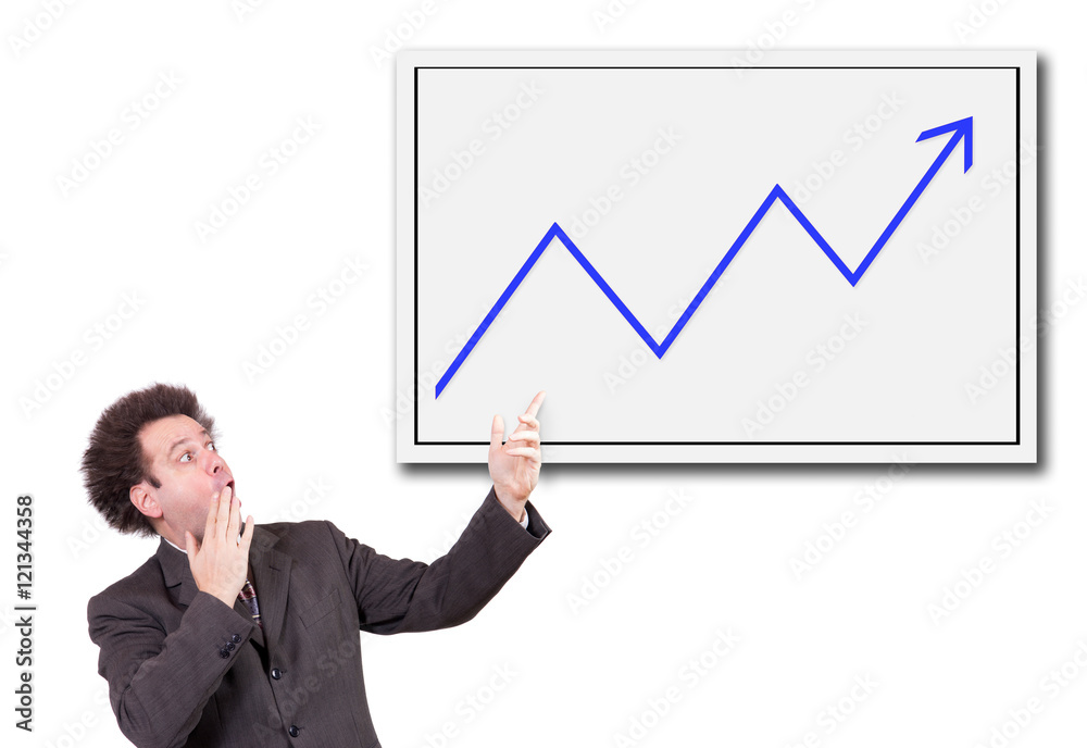Shocked man in a suit shows a hand on the board with growing arrow