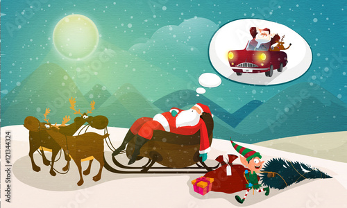 Santa Claus on Reindeer Sleigh for Merry Christmas.