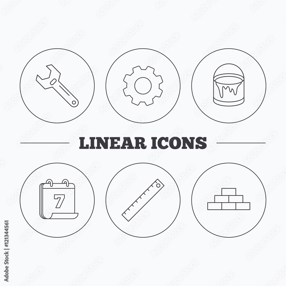 Brickwork, measurement and adjustable wrench icons. Brickwork, measurement and adjustable wrench icons.