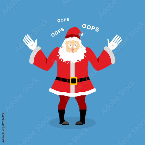 Surprised Santa Claus speak OOPS. Perplexed grandfather with bea