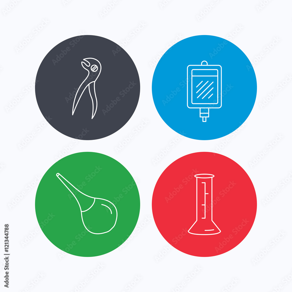 Beaker, blood and dental pliers icons. Beaker, blood and dental pliers icons.