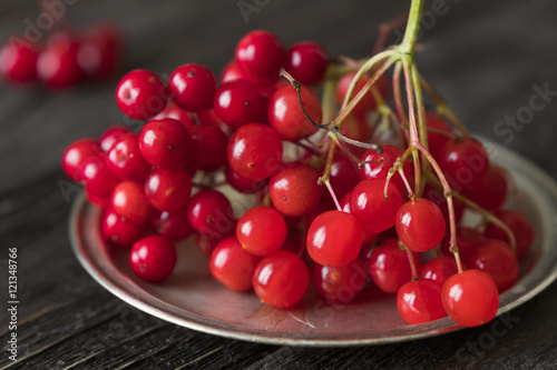 twig of red viburnum berries on metalioc plate on wooden table