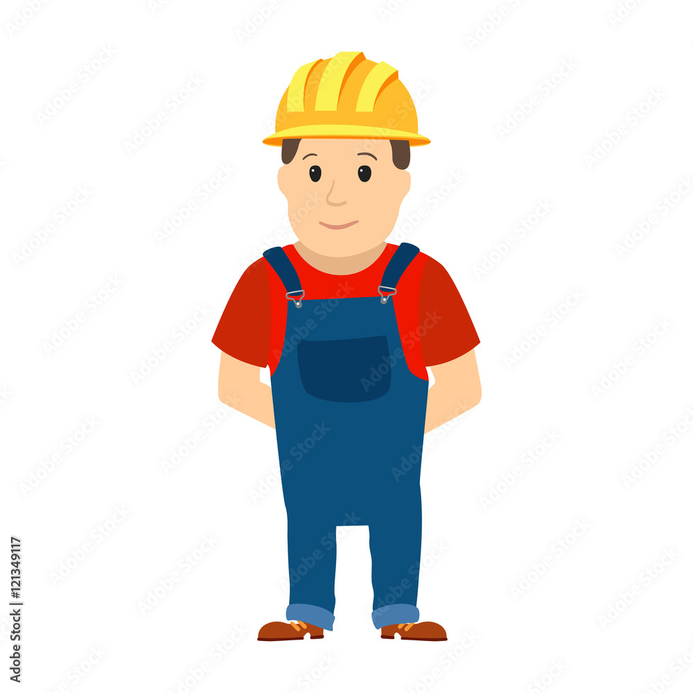 Happy cartoon repairman or construction worker with safety hat. Vector