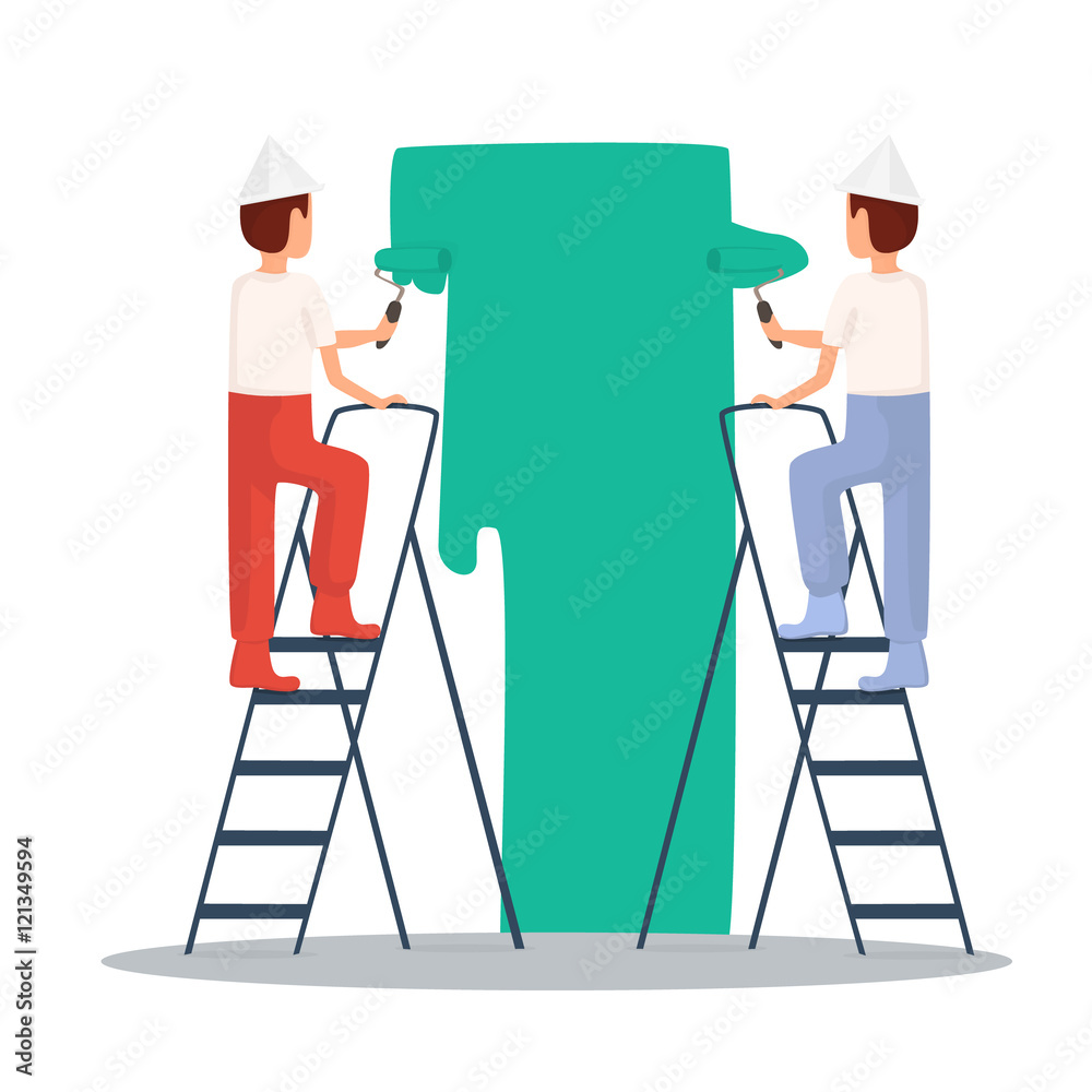 Painting, painter. Craftsman . Builder, Repairs, in yellow helmet working with tools. Flat design vector illustration. Painting, painter. Craftsman . Builder, Repairs, in yellow helmet working with tools. Flat design vector illustration.