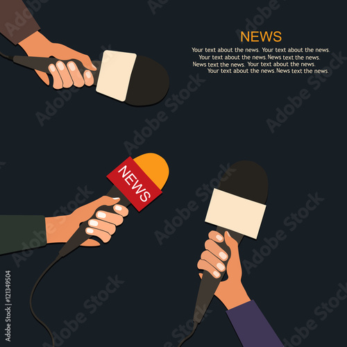 Microphones and voice recorder in hands of reporters on press conference or interview. Journalism concept.