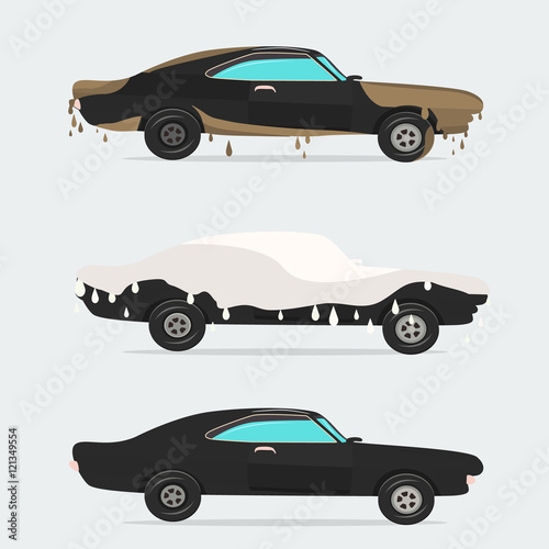 Cool vector flat illustration on dirty and clean car.  wash stages process from  to .