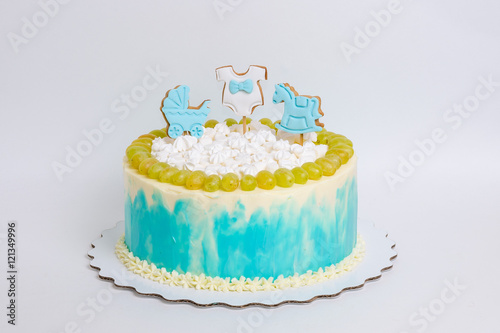 baby boy birthday cake with gingerbread and grapes