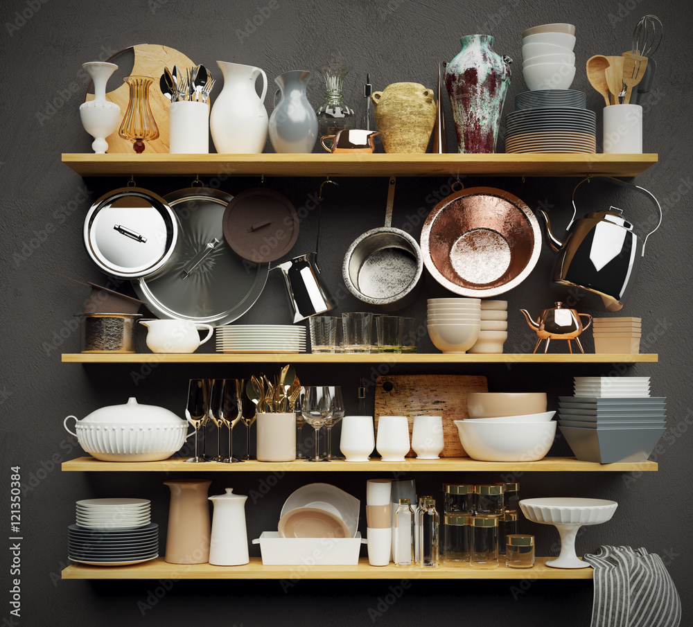 Regal mit Küchenutensilien - Shelf with kitchen props Stock Illustration |  Adobe Stock