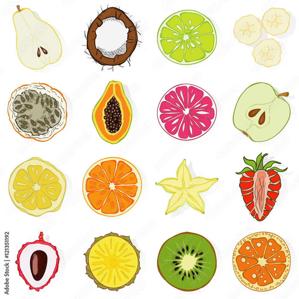 Set of fresh hand drawn fruits and vegetables and products. Eco healthy food.