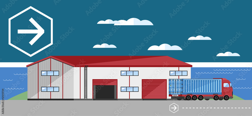 Warehouse exterior with container truck flat vector illustration