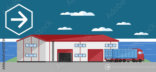 Warehouse exterior with container truck flat vector illustration