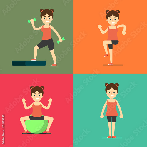 Smiling young girl doing exercises with dumbbells, step board and fit ball, vector illustration set in flat style. Healthy lifestyle. Fitness people. Workout and gymnastics. Sporty female characters