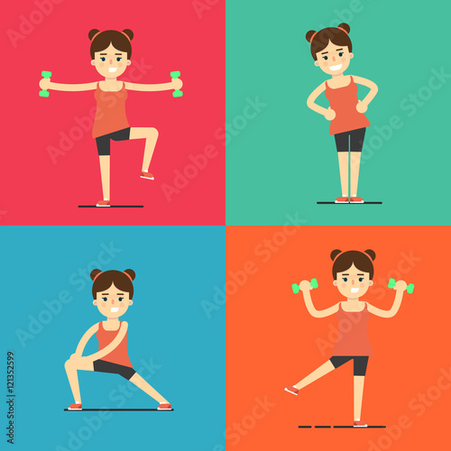 Smiling young girl doing exercises with dumbbells, vector illustration set in flat style. Healthy lifestyle. Fitness people. Workout and gymnastics. Sporty female characters