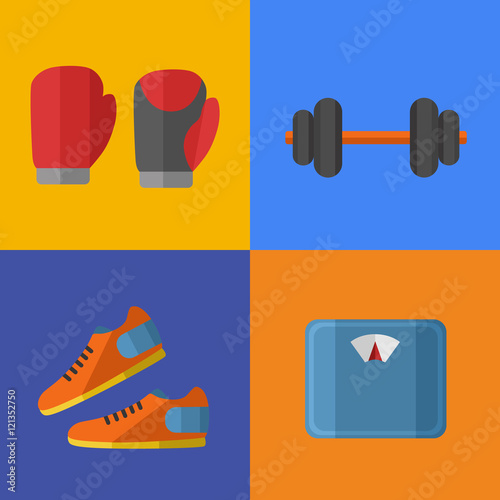 Vector illustration of gym sports equipment icons set. Boxing gloves, sports shoes, dumbbells and weigher on color background. Healthy lifestyle. Athletic equipment. Different tools for sport.