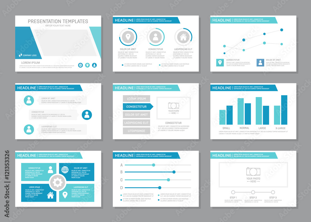 Set of blue template for multipurpose presentation slides with graphs and charts. Leaflet, annual report, book cover design.