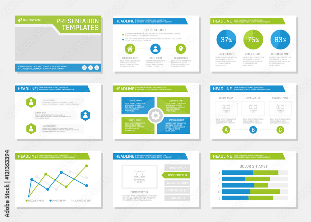 Set of blue and green template for multipurpose presentation slides with graphs and charts. Leaflet, annual report, book cover design.