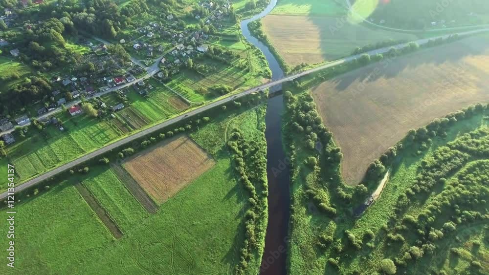 aerial landcape of river in green meadows