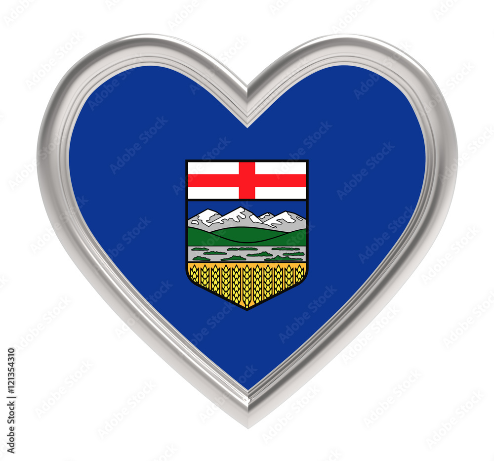 Alberta flag in silver heart isolated on white background. 3D illustration. Alberta flag in silver heart isolated on white background. 3D illustration.