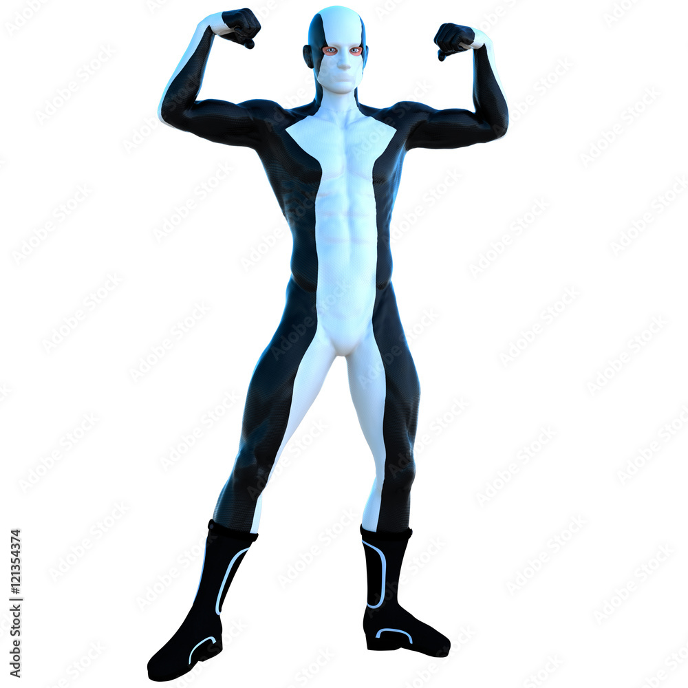 a young man in white and black super suit. Standing showing his muscles. Latex a young man in white and black super suit. Standing showing his muscles. Latex