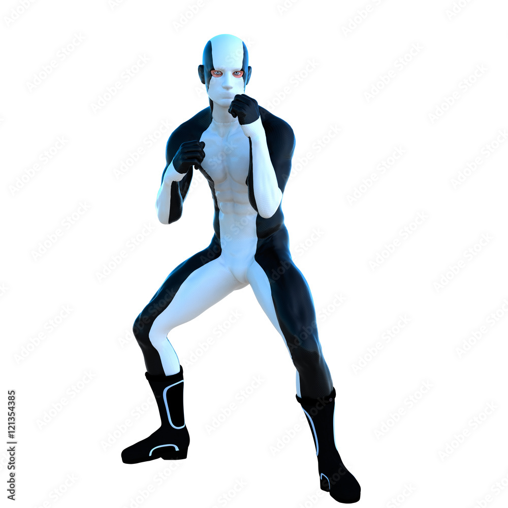 a young man in white and black super suit. In boxing pose. Latex