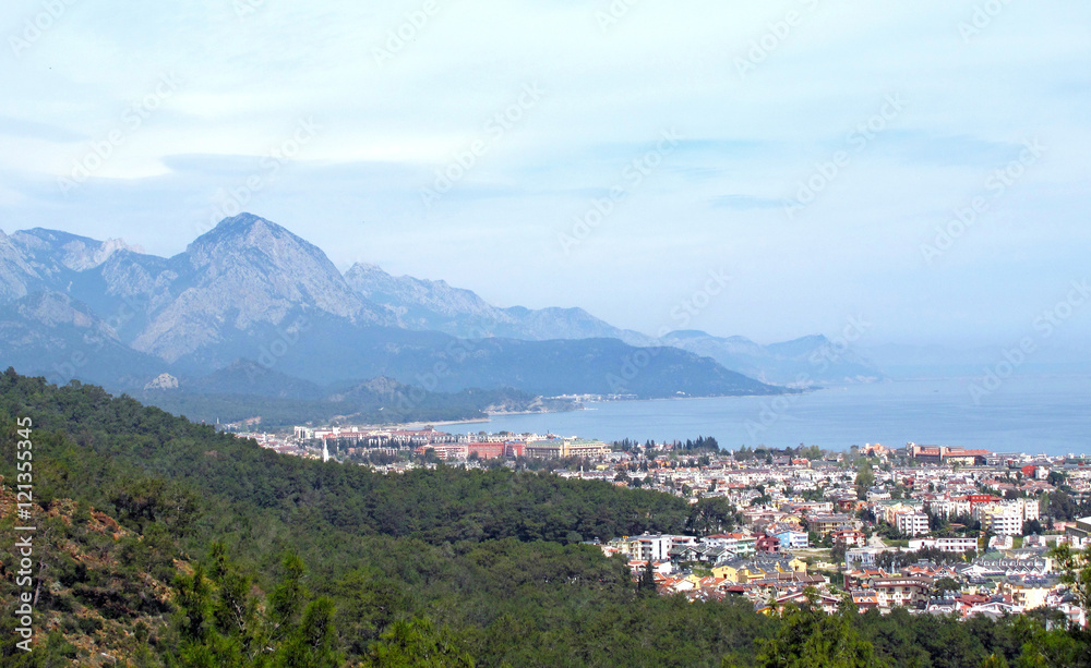 View of the town of Kemer and sea from a mountain. Turkey