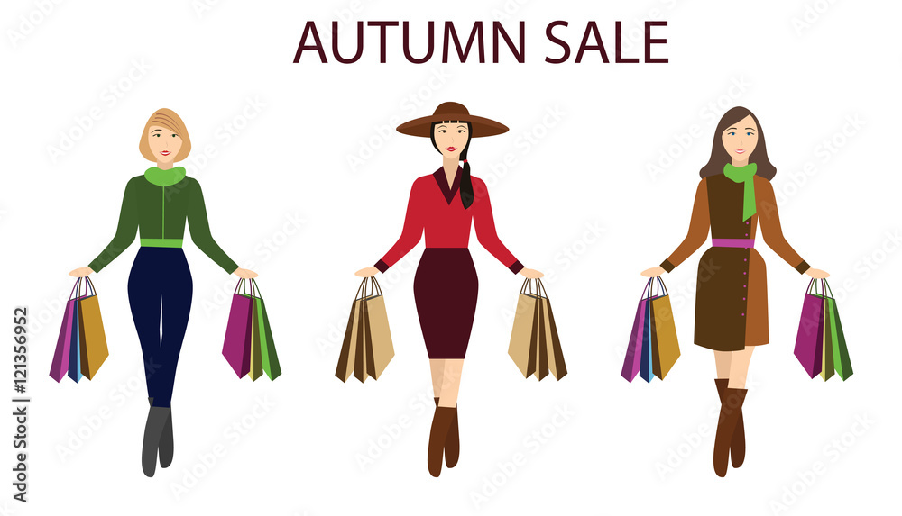 Girls with shopping bags, autumn sale Girls with shopping bags, autumn sale