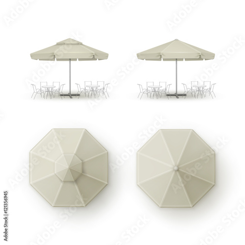 Set of White Beige Blank Patio Outdoor Market Beach Cafe Bar Restaurant Round Umbrella Parasol Isolated on Background