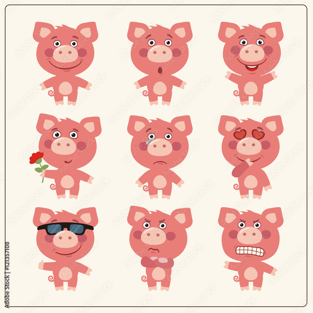 Fototapeta premium Vector set isolated emotion pig. Collection cute pig in cartoon style.