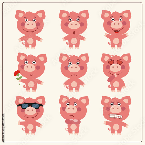 Fototapeta Naklejka Na Ścianę i Meble -  Vector set isolated emotion pig. Collection cute pig in cartoon style.
