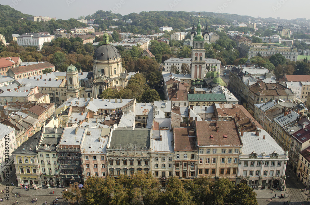 view from the town hall on the Kornyakta tower and Dominican cathedral , Lviv, Ukraine