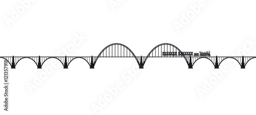 Openwork arch concrete bridge with a steam locomotive. Transport infrastructure. Transportation of passengers. Black and white.