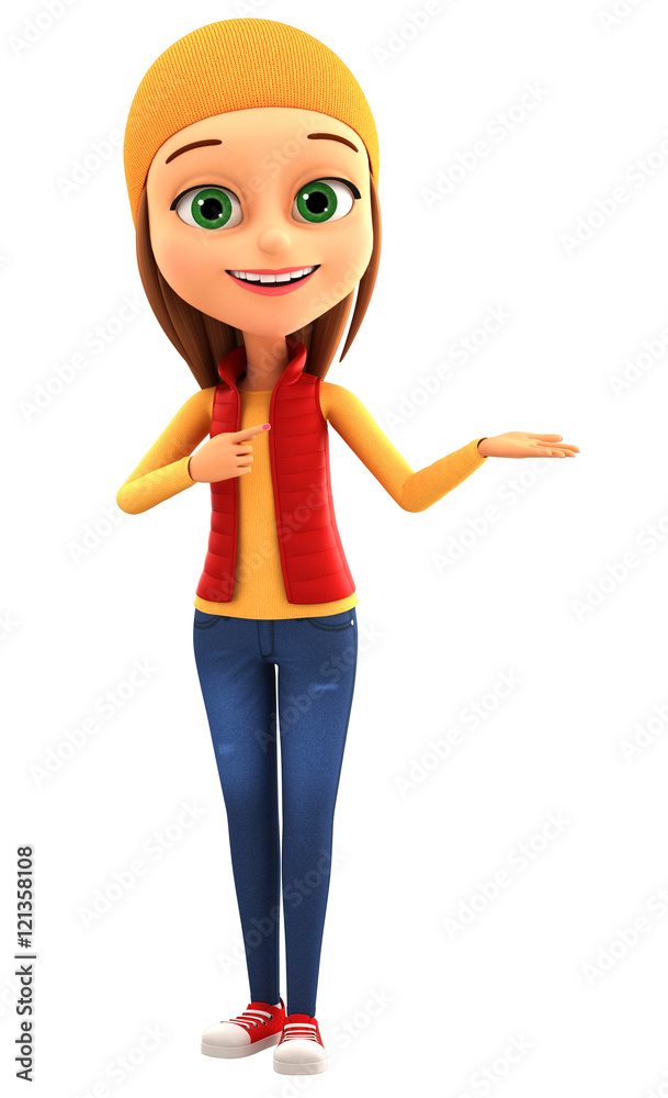 Girl isolated on white background finger points to an empty spac Girl isolated on white background finger points to an empty spac