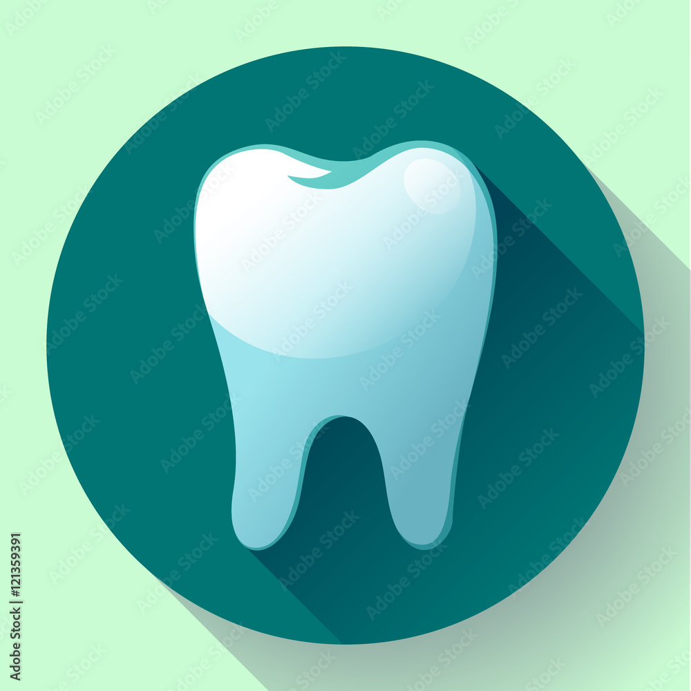 Flat tooth Icon Vector with long shadow. Dentist symbol. Suit for app and UI