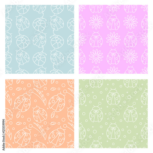 Sey of seamless vector patterns with insects, different colorful backgrounds with ladybugs, flowers, leaves. Graphic vector illustrations. Series - sets of seamless vector patterns.