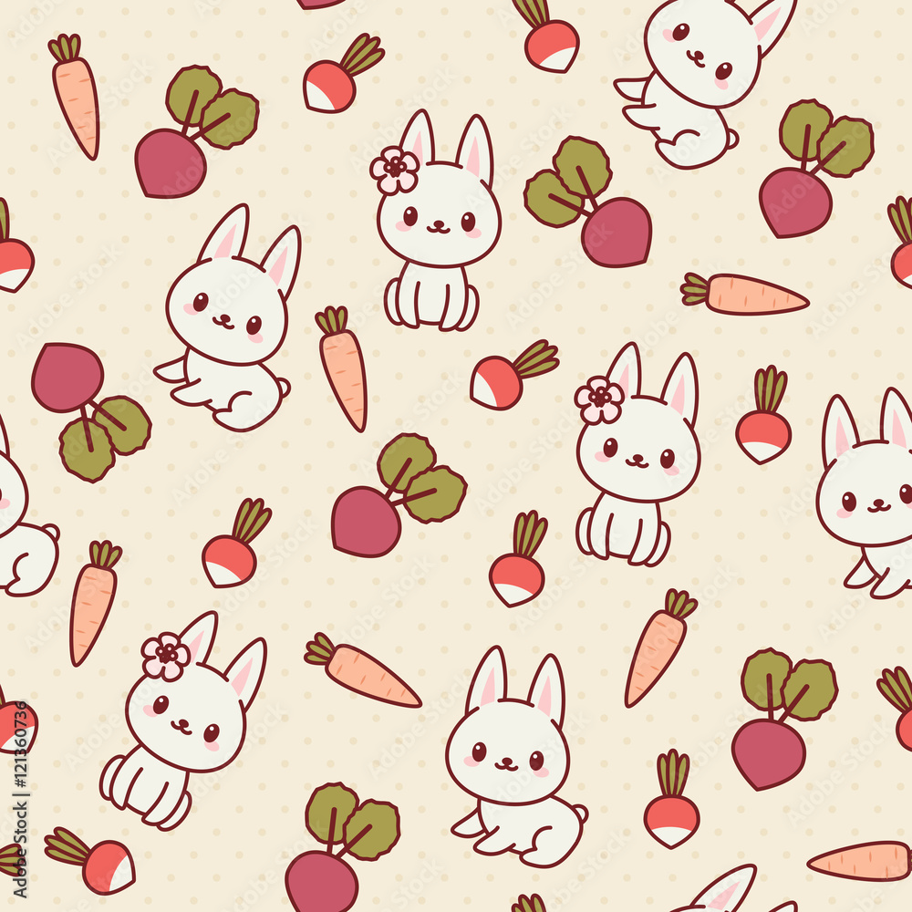 Fototapeta premium Kawaii seamless pattern with bunnies and vegetables