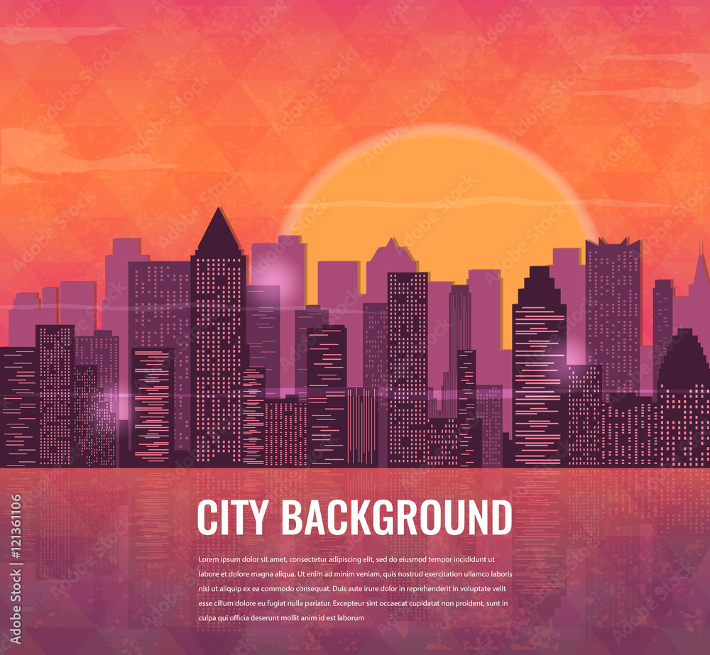 City at sunset background. Urban landscape. Vector
