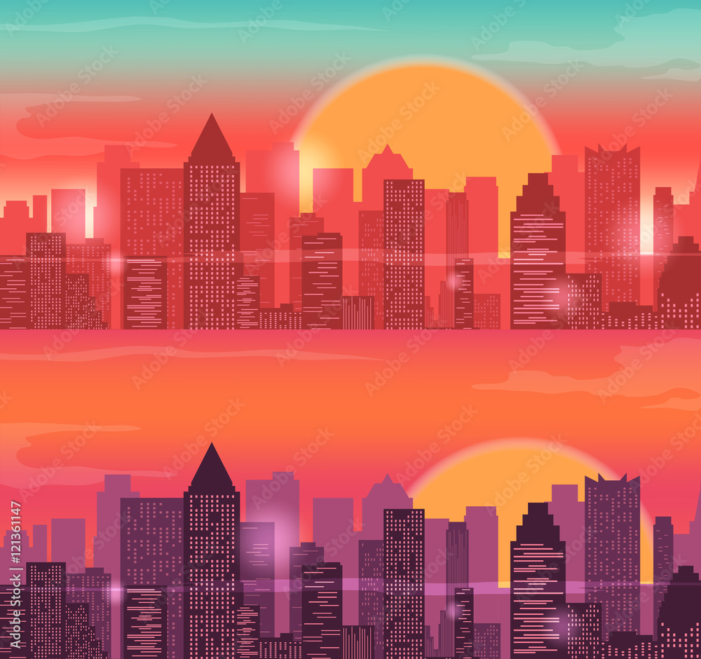 City Skylines urban landscape. Sunrise and sunset. Vector