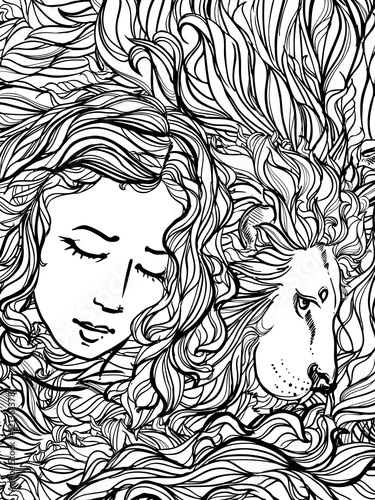 Hand drawn vector illustration of doodle lion and woman with curly hair on white background. sketch. Vector eps 8