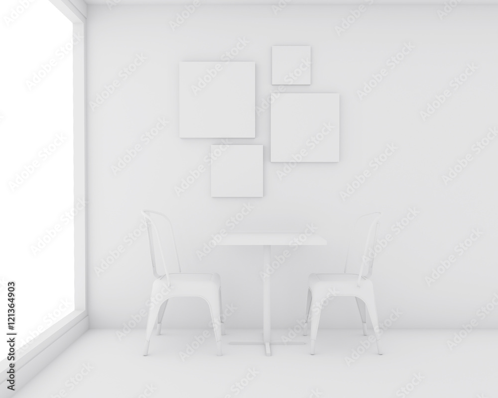 Mock up white frame for advertising at the dining room, 3D render and white isolated Mock up white frame for advertising at the dining room, 3D render and white isolated
