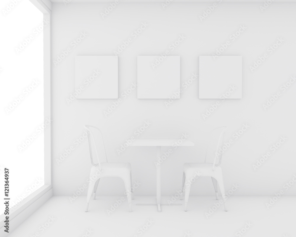 Fototapeta premium Mock up white frame for advertising at the dining room, 3D render and white isolated