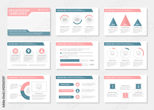 Set of pink and blue template for multipurpose presentation slides with graphs and charts. Leaflet, annual report, book cover design.