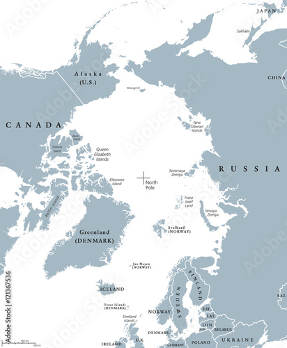 Arctic region countries and North Pole political map with national borders and country names. Arctic ocean without sea ice. English labeling and scaling. Illustration.