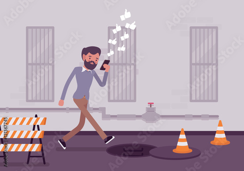 Man walkis with smartphone to fall into a manhole. Cartoon vector flat-style concept illustration