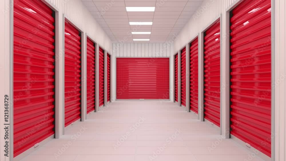 Corridor full of storage units with red door and siding panels on walls. Fly through animation with mask included.