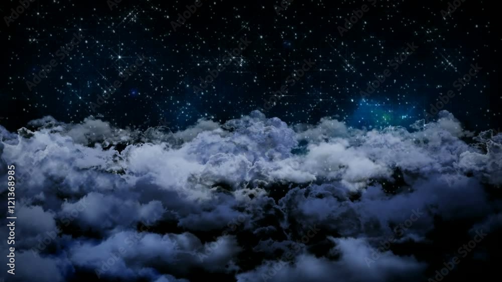 Seamless 3d animation of aerial view of cloudy night sky with clouds and star light falling with camera moving in night scene skyscape background in 4k loop
