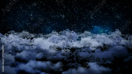 Seamless 3d animation of aerial view of cloudy night sky with clouds and star light falling with camera moving in night scene skyscape background in 4k loop