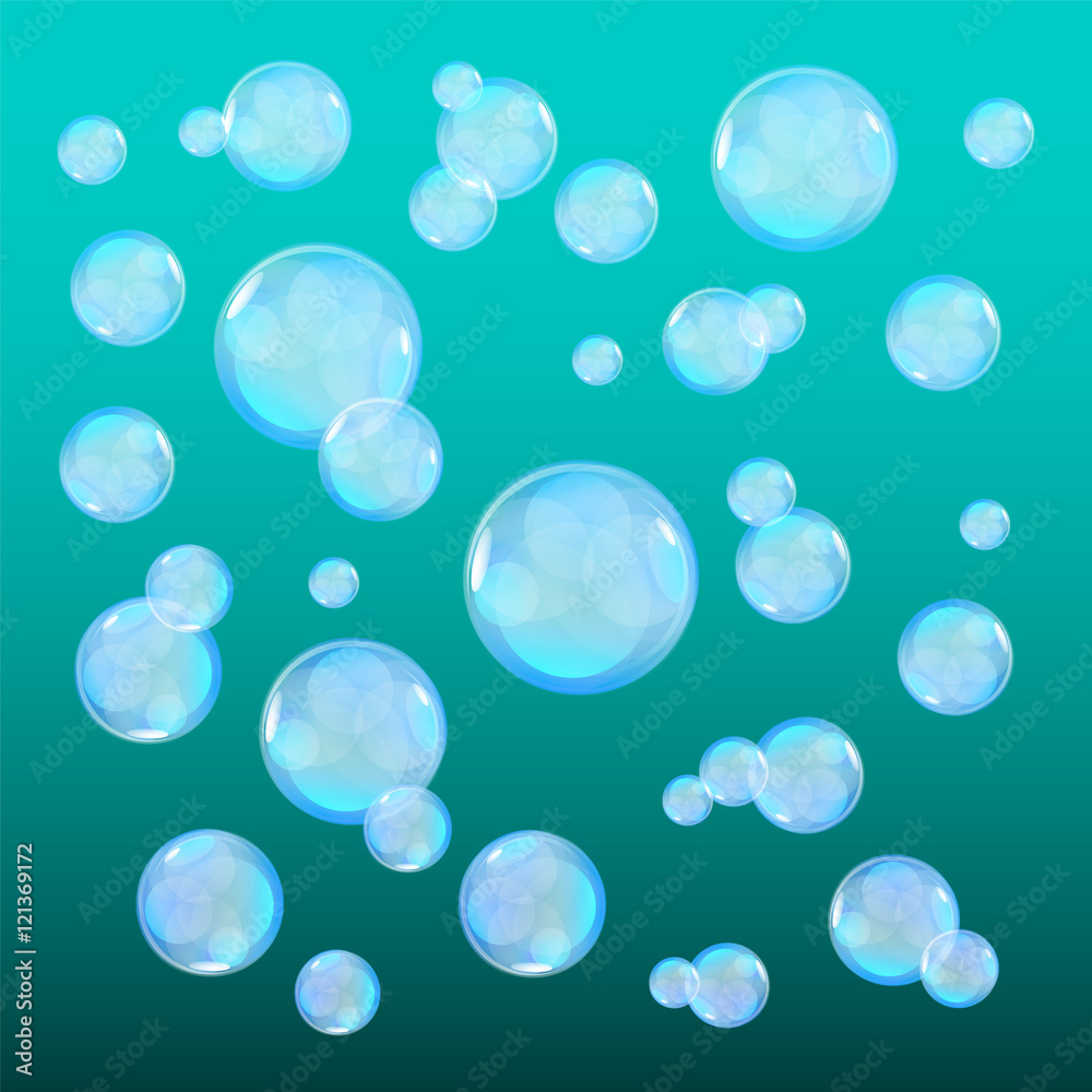 Bubbles in water on blue background horizontal seamless pattern. Circle and liquid, light design, clear soapy shiny, vector illustration