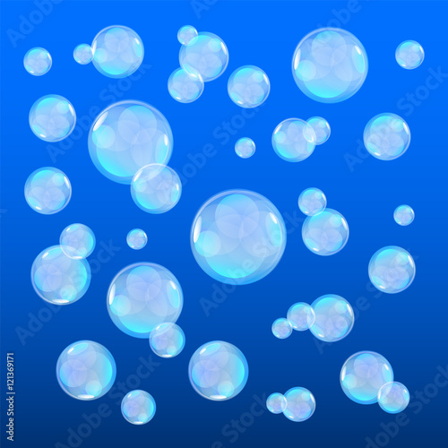 Bubbles in water on blue background horizontal seamless pattern. Circle and liquid, light design, clear soapy shiny, vector illustration