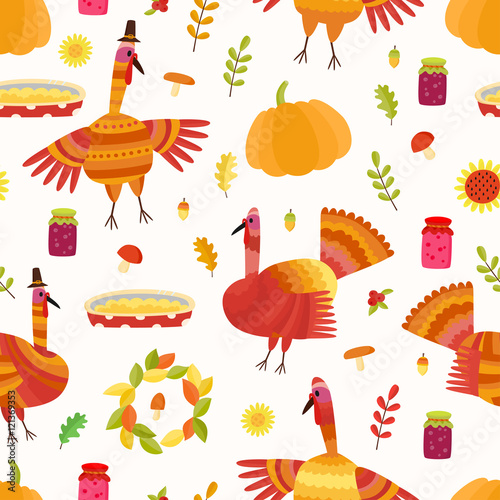 Vector Thanksgiving seamless pattern. Repeating autumn backgroun
